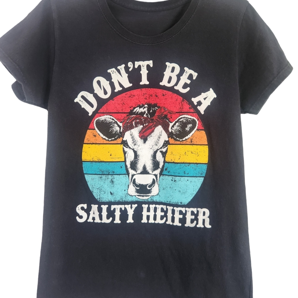 Women's Graphic Tee Don't be a Salty Heefer Sz Small Cow Print Black Colorful